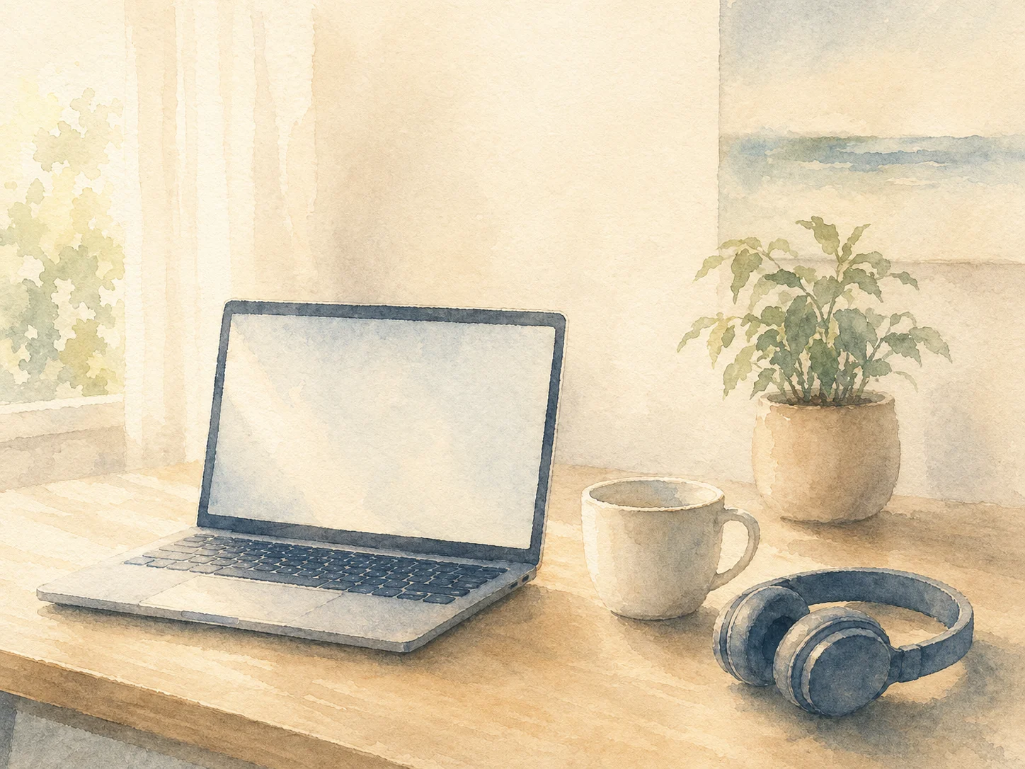 Mesa de trabalho calma com notebook aberto, xícara e planta para atendimento psicológico online